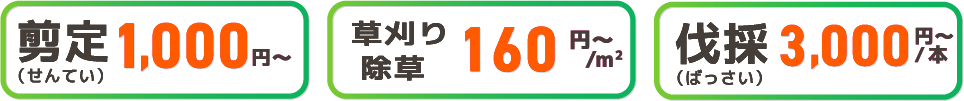 剪定（せんてい）1,000円〜 草刈り除草160円〜/m2 伐採（ばっさい）3,000円〜/本